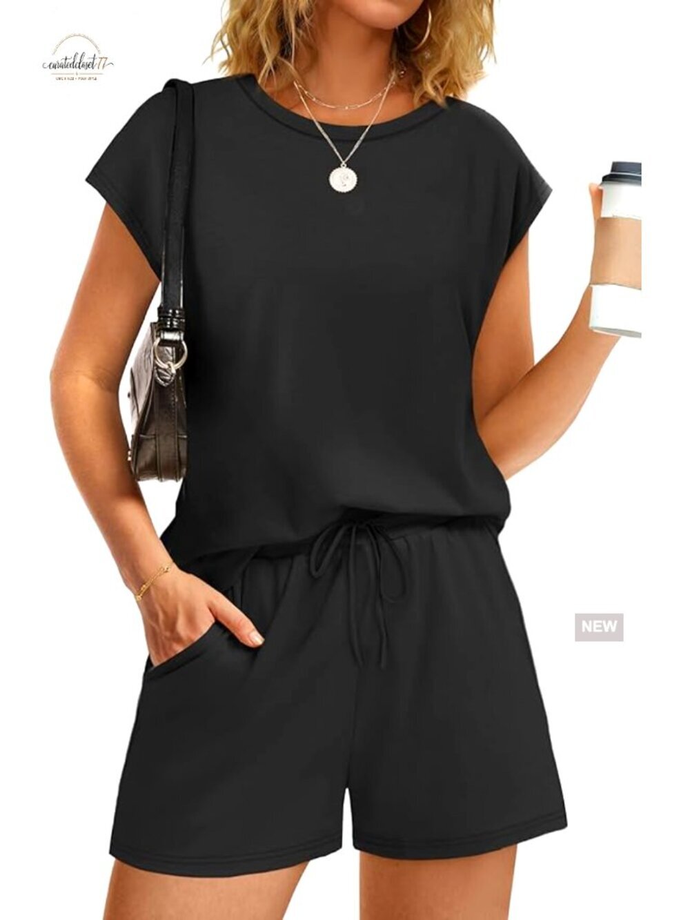 Medium Polyester Blend Lounge Set with Pockets, Cap Sleeve Top & Shorts - Picture 1 of 7